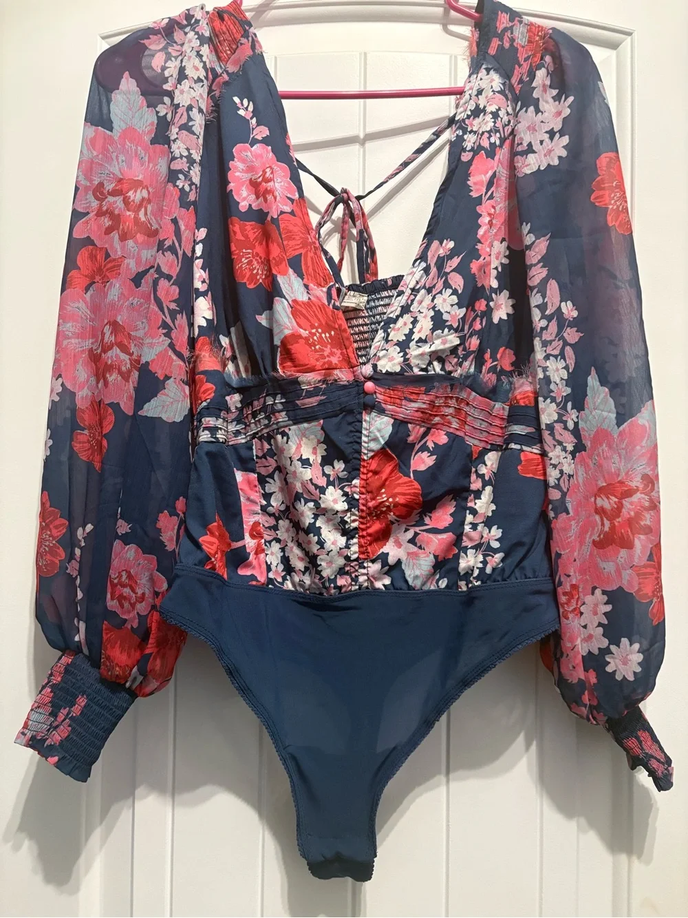 Free people Floral Long-Sleeve V-Neck Bodysuit - Navy and Pink
